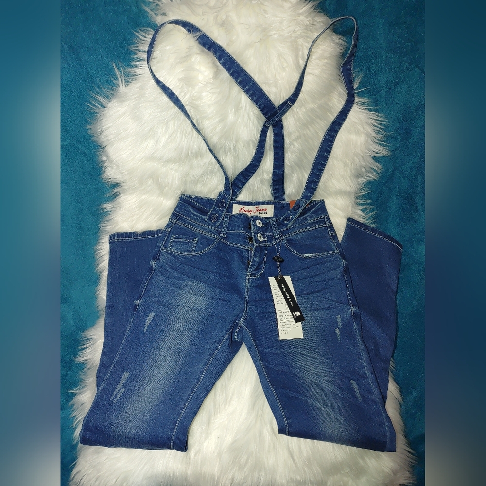 OurQ Jeans EST02 Girls Korea size 140 New With Tags with Suspenders